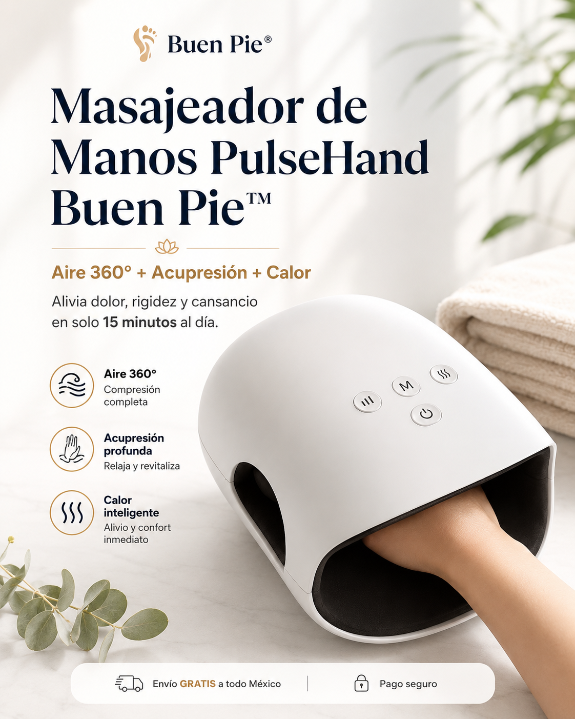 Masajeador de manos PulseHand Buen Pie: aire 360, acupresion y calor